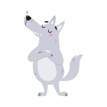 Grey Wolf Character with Pointed Muzzle Standing with Grumpy Face Vector Stock Illustration