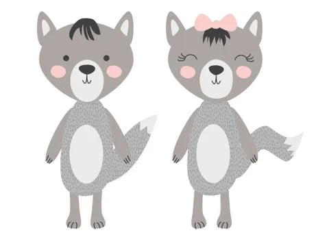 Grey wolfs isolated on white background. Cute forest animals in scandinavian  イラスト素材