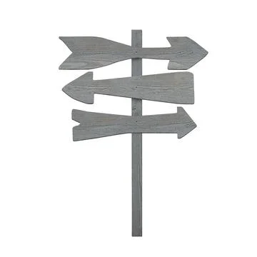 Grey wooden pointer with arrow-shaped boards on white background Stock Photos