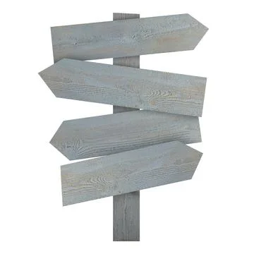 Grey wooden signpost with arrow-shaped pointers isolated on white Stock Photos