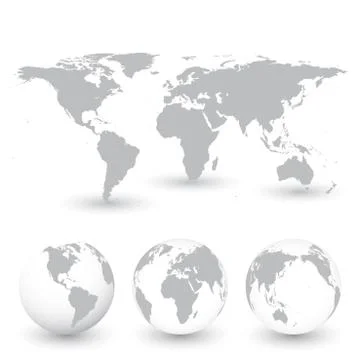 Grey World Map and Globes vector Illustration 스톡 일러스트
