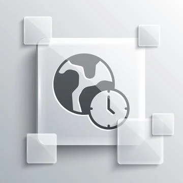 Grey World time icon isolated on grey background. Square glass panels. Vector Stock Illustration