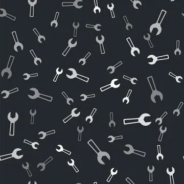 Grey Wrench spanner icon isolated seamless pattern on black background.  Vect 스톡 일러스트
