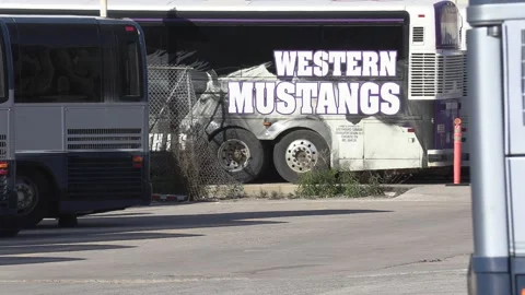 Greyhound Canada coach buses sit parked after going out of business in recession Stockbeeldmateriaal 154081539