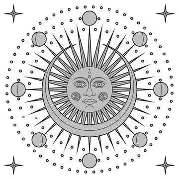 Greyscale sun with moon phases icon Stock Illustration