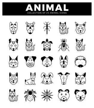 A grid of 25 black and white linear animal icons on a white background. cut.. Stock Illustration