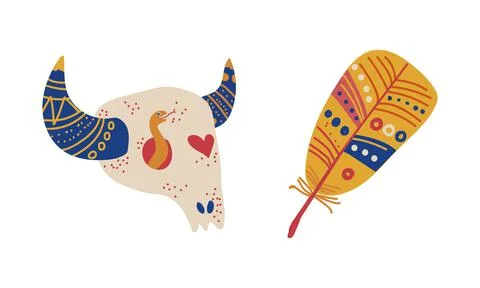 Grid 28Tribal Ethnic Elements with Feather and Bull Skull Vector Set Stock Illustration