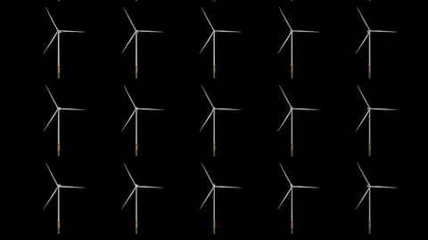 Grid of 3D Rendered Wind Turbine Spinning on Black Background. Stock Footage 333117566