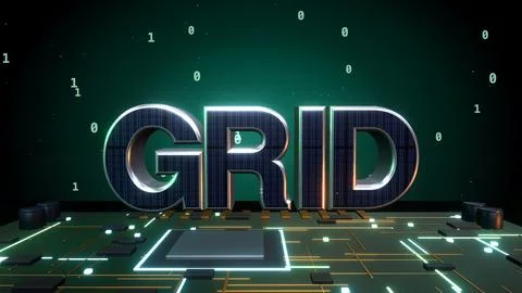 GRID 3D Text with Binary Data on a Circuit Board Stock Illustration