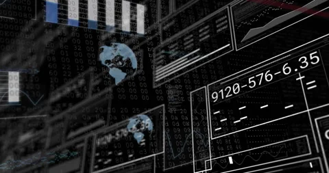 Grid activating panels updating readouts and rotating Earth icons merging with Stock Footage 313640092