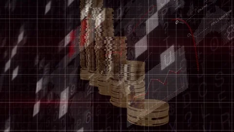 Grid activating, stacked gold coins shifting diagonally upward while chart Stock Footage 335234924