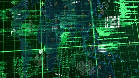 Grid activating, translucent global map fading in while alert icons appearing Stock Footage 329433674