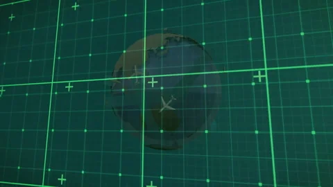 Grid activating triggers 3D globe rotating while plane icons flying tracking Stock Footage 312417147