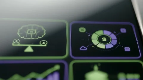 Grid Of AI Finance Cloud And Cost Control Application Tiles 4K Stock Footage 341346841