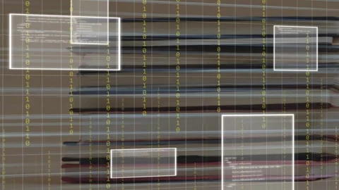 Grid aligning, digital streaks and binary columns appearing over notebook stack, Stock Footage 335212065
