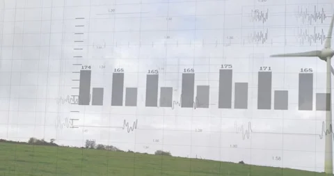 Grid and bars fading in hill, chart swinging settling turbine rotating updating Stock Footage 317207032