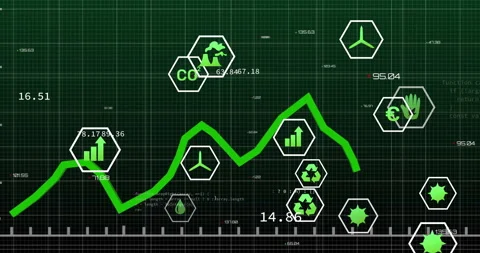 Grid and code appearing polyline graph extending highlighting eco icons and Video stock 313618595