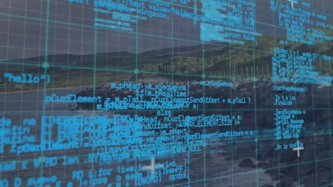 Grid and data points animation over coastal landscape with rocky shoreline Stock Footage 305367173