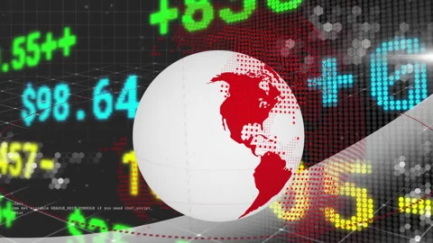 Grid and hex dots forming as red-white globe floating, rotating with tickers Stock Footage 313553260