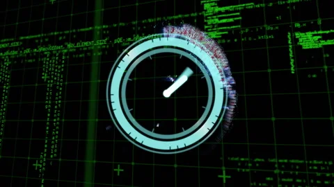 Grid animating, clock emerging, Earth data-cloud rotating, dissolving then Stock Footage 313149405