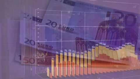 Grid appearing, 3D bars rising, peaking, receding and fading over euro notes, Stock Footage 329470954