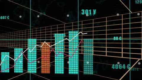Grid appearing causing bars growing and lines plotting values visualizing Stock Footage 314790277