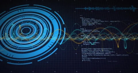 Grid appearing, circles rotating, waveform undulating, code scrolling upward Stockbeeldmateriaal 310636762