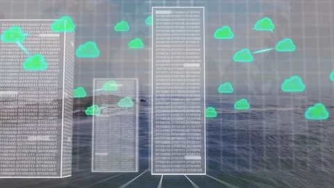Grid appearing, clear data towers rising and cloud icons multiplying to Stock Footage 334884177