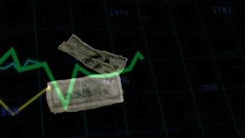 Grid appearing colored traces moving while USD bills entering drifting stacking Stock Footage 331227411
