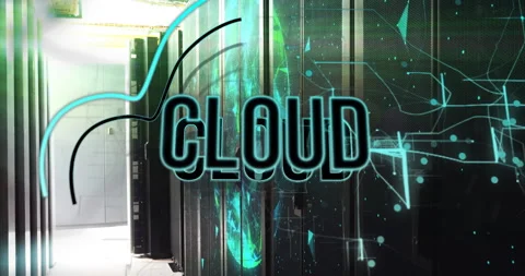 Grid appearing globe rotating amid racks letters forming CLOUD animating outline Stock Footage 312638277
