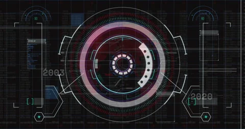 Grid appearing holographic interface pulsing rings spinning and updating years Stock Footage 310140105