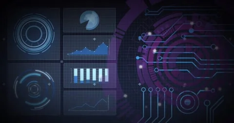 Grid appearing, HUD starting, panels updating charts, ring pulsing, circuits Stock Footage 328384432