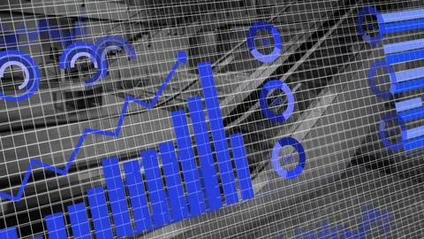 Grid appearing initiating blue data visuals forming, bars rising, line tracing Stockbeeldmateriaal 334202453