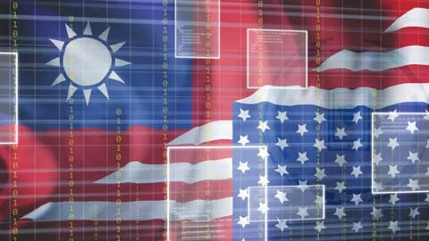 Grid appearing, merged flag rippling, UI panels floating and binary streaming, Stock Footage 335316588