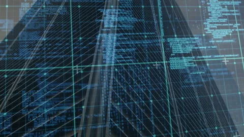 Grid appearing over facade sweeping lines forming 3D wireframe while code Stock Footage 313758491