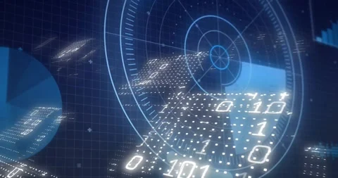 Grid appearing, radar HUD sharpening rotating while data tiles advancing, Stock Footage 320896381