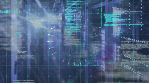 Grid appearing starting center racks aisle moving forward, code overlays pulsing Stock Footage 326974001