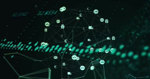 Grid appearing starting sphere emerging, node icons fading, data streaming, Stock Footage 320068217