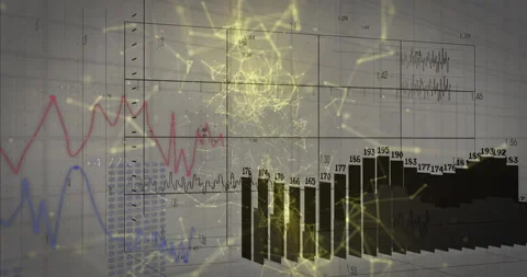 Grid appearing triggers bars growing, line plots oscillating and nodes pulsing Stock Footage 314085216