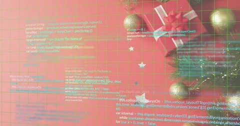 Grid appearing triggers code scrolling over gift and decorations to visualize Stock Footage 326187286