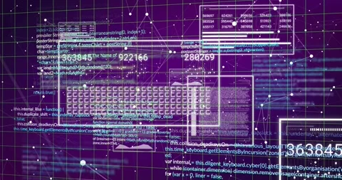 Grid appearing, wireframe keyboard rotating and panels sliding, counters Stock Footage 329575132