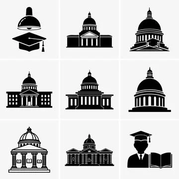 A grid arrangement features nine solid black architectural structures and edu Stock Illustration