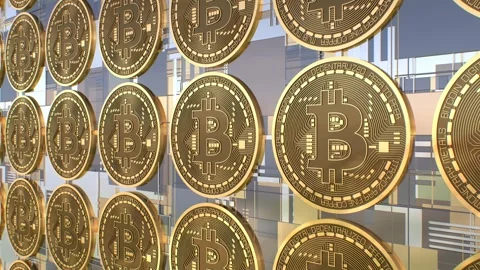 Grid Array Of Bitcoin Golden Shiny Metallic Coins Slowly Moving BTC Stock Footage 268807398