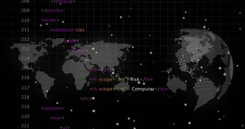 On grid backdrop dots drifting as dotted map and globe scrolling code simulating Stock Footage 317608000