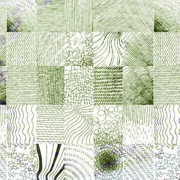 A grid-based abstract hand-drawn art piece featuring various green ink textures, Stock Illustration