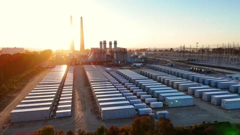 Grid Battery Storage Facility in Moss Landing with Rows of Power Containers Stock Footage 320223444