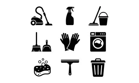 A grid of black cleaning icons featuring various housekeeping tools. Stock-Illustration