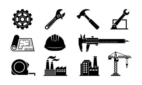 A grid of black construction and engineering tools icons Stock-Illustration