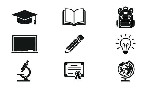 A grid of black education icons representing school subjects. Stock-Illustration