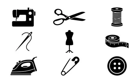 A grid of black sewing icons featuring essential tailoring tools Illustrazione stock
